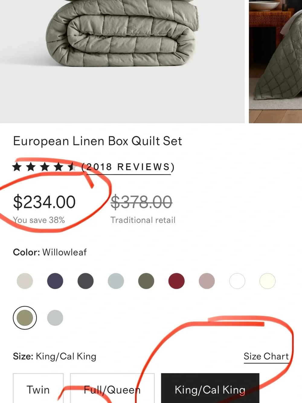 NEW Quince QUEEN Willowleaf European Linen Box Quilt Set w/ Shams $234